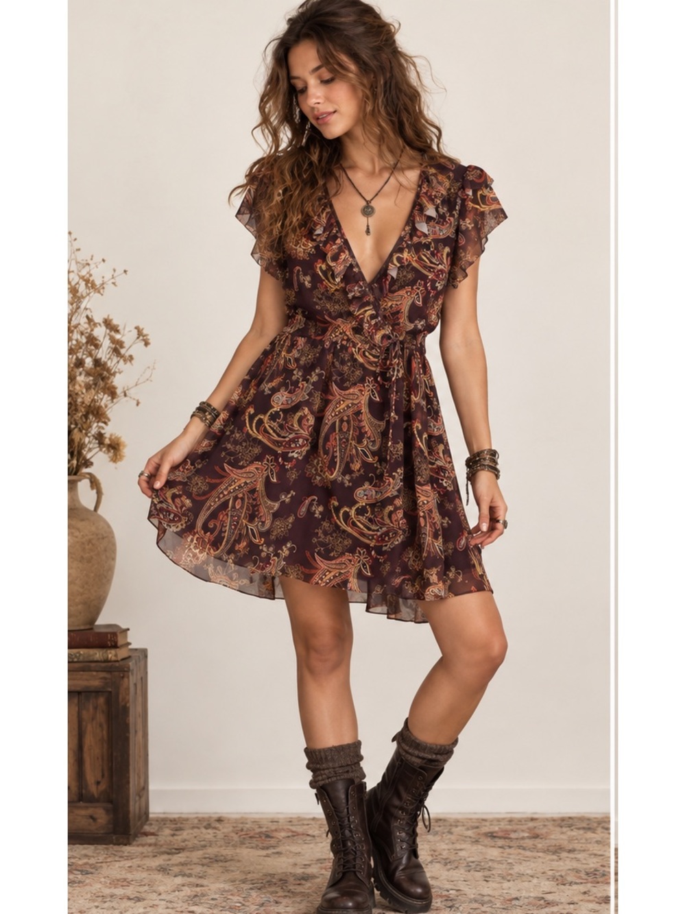 Dark Boho Wimsigoth Paisley Burgundy Brown Wrap Mini Dress Large